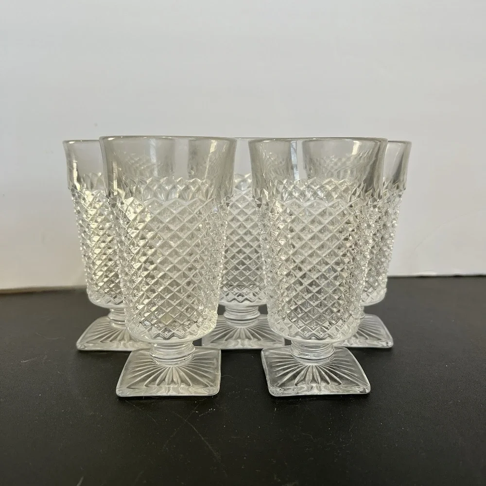 VTG Clear Diamond Point Pressed‎ Glass Footed Juice Glasses Set of 5 Square Base